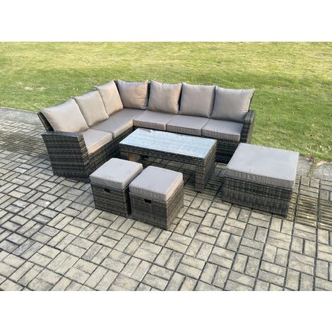 Fimous 9 Seat Rattan Garden Furniture Corner Sofa Set Outdoor Patio Sofa Table Set with 3 Footstools Dark Grey Mixed (1/5)