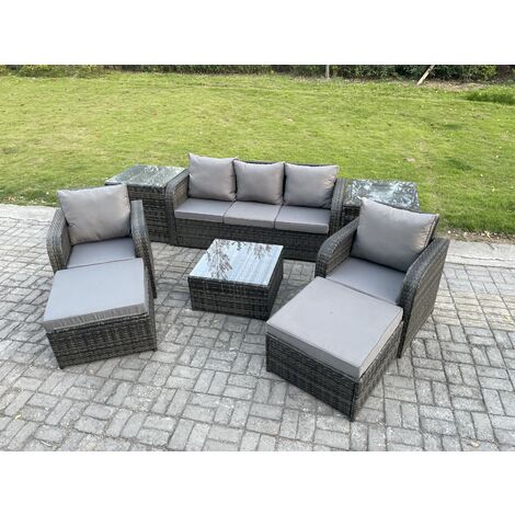 Fimous Patio Garden Furniture Sets Wicker 7 Seater Outdoor Rattan Furniture Sofa Sets with Square Coffee Table 2 Side Tables 2 Big Footstool