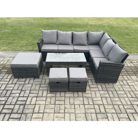 Fimous Rattan Corner Sofa Garden Furniture Set with 3 Footstools Rectangular Coffee Table with Cushion Dark Grey Mixed