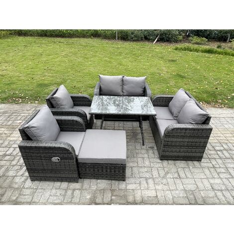Fimous Wicker PE Rattan Garden Dining Set Outdoor Furniture Sofa with Rectangular Dining Table Big Footstool Dark Grey Mixed (1/5)