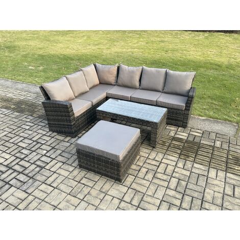 Fimous 7 Seat Rattan Garden Furniture Corner Sofa Set Outdoor Patio Sofa Table Set with Big Footstool Dark Grey Mixed (1/5)