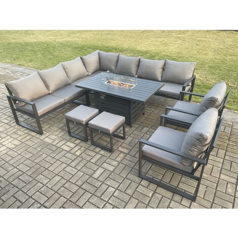 Fimous Aluminium 11 Seater Garden Furniture Outdoor Set Patio Lounge Sofa Gas Fire Pit Dining Table Set with 2 Chairs 2 Small Footstools Dark Grey (1/5)