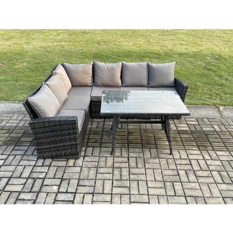 Fimous Outdoor Furniture Garden Dining Set Rattan Corner Sofa Set Rectangular Dining Table Dark Grey Mixed