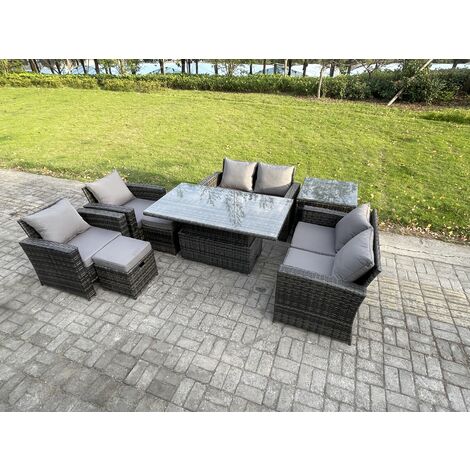 Fimous Rattan Garden Furniture Sets 8 Seater Patio Outdoor Rising Lifting Table Sofa Set with Double Seat Sofa Side Table 2 Small Footstools Dark Grey Mixed (1/5)