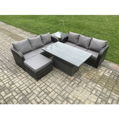 Fimous Outdoor Rattan Garden Furniture Sets Height Adjustable Rising lifting Dining Table Sofa Set with Side Table Big Footstool Dark Grey Mixed (1/5)