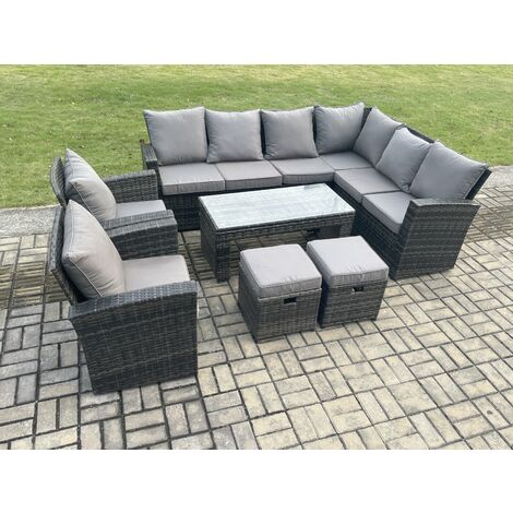 Fimous Rattan Corner Sofa Garden Furniture Set with 2 Small Footstools Rectangular Coffee Table 2 Armchairs with Cushion Dark Grey Mixed (1/5)