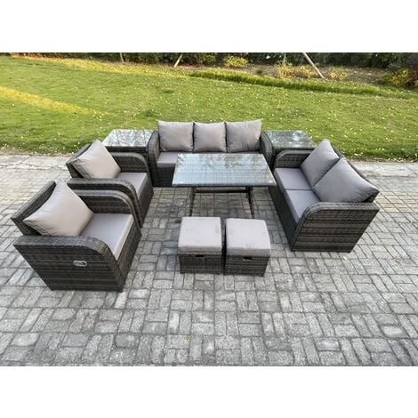 Fimous Outdoor Rattan Garden Furniture Set 9 Seater Patio Lounge Sofa Set with Dining Table 2 Small Footstools 2 Side Tables Dark Grey Mixed