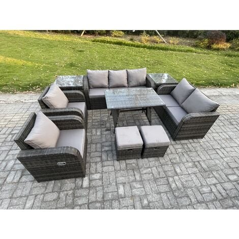 Fimous Outdoor Rattan Garden Furniture Set 9 Seater Patio Lounge Sofa Set with Dining Table 2 Small Footstools 2 Side Tables Dark Grey Mixed