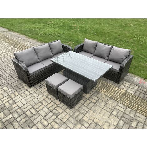 Fimous 8 Seater Outdoor Rattan Garden Furniture Sets Height Adjustable Rising lifting Dining Table Sofa Set with 2 Small Footstools Dark Grey Mixed (1/5)