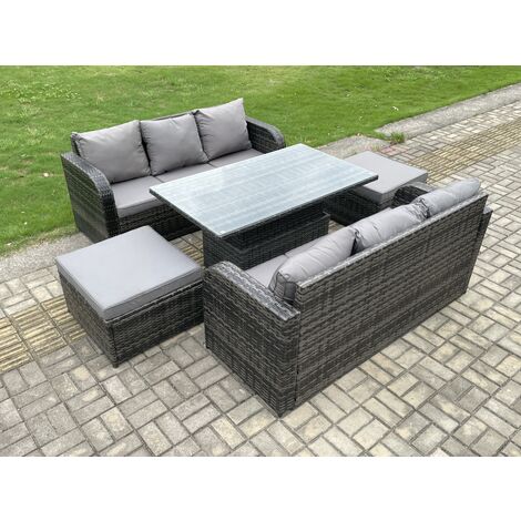 Fimous Outdoor Rattan Garden Furniture Sets Height Adjustable Rising lifting Dining Table Sofa Set with 2 Big Footstool 8 Seater Dark Grey Mixed (1/5)