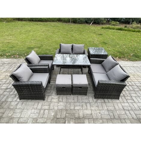 Fimous Rattan Garden Furniture Set 8 Seater Patio Outdoor Lounge Sofa Set with Rectangular Dining Table Love Seat Sofa Side Table 2 Small Footstools Dark Grey Mixed