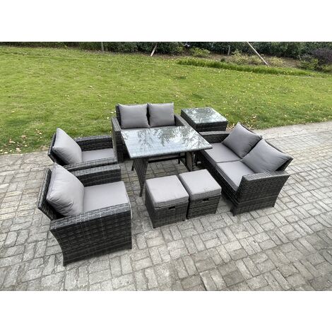 Fimous Rattan Garden Furniture Set 8 Seater Patio Outdoor Lounge Sofa Set with Rectangular Dining Table Love Seat Sofa Side Table 2 Small Footstools Dark Grey Mixed