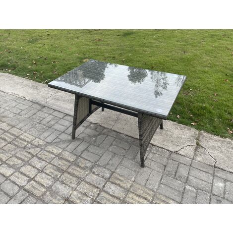 Fimous Rattan Garden Furniture Set 8 Seater Patio Outdoor Lounge Sofa Set with Rectangular Dining Table Love Seat Sofa Side Table 2 Small Footstools Dark Grey Mixed