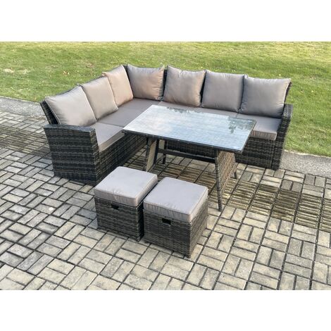 Fimous Outdoor Furniture Garden Dining Set Rattan Corner Sofa Set with 2 Small Footstools Dark Grey Mixed (1/5)