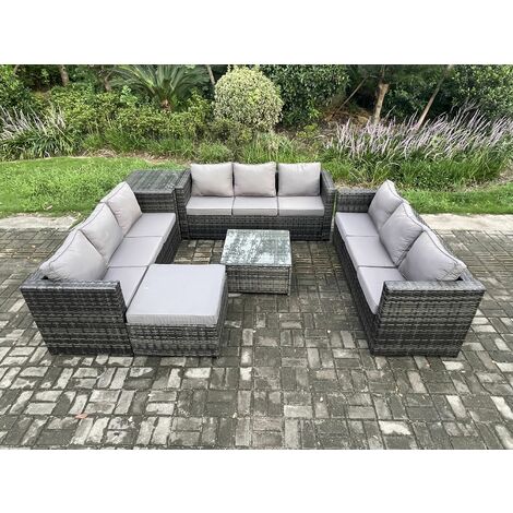 Fimous Outdoor Rattan Garden Furniture Set 10 Seater Patio Lounge Sofa Set with Side Table Square Coffee Table Big Footstool Dark Grey Mixed (1/5)