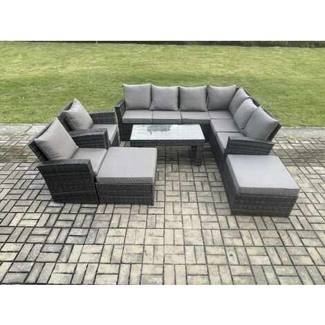Fimous Rattan Corner Sofa Garden Furniture Set with 2 Big Footstool Rectangular Coffee Table 2 Armchairs with Cushion Dark Grey Mixed (1/5)
