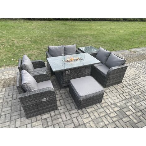 Fimous 7 Seater Rattan Garden Furniture Set Propane Gas Fire Pit Table ...