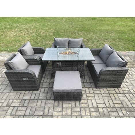 Fimous 7 Seater Rattan Garden Furniture Set Propane Gas Fire Pit Table and Sofa Chair set with Big Footstool (1/5)