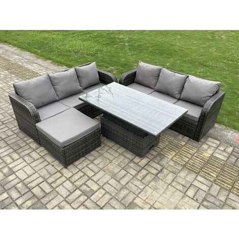 Fimous Outdoor Rattan Garden Furniture Sets Height Adjustable Rising lifting Dining Table Sofa Set with Big Footstool Dark Grey Mixed (1/5)