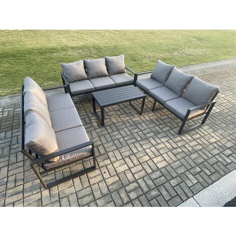 Fimous Aluminium 9 Seater Outdoor Garden Furniture Set Lounge Sofa Oblong Coffee Table Sets with Cushions Dark Grey (1/5)