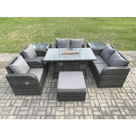 Fimous 7 Seater Rattan Garden Furniture Set Propane Gas Fire Pit Table and Sofa Chair set with 2 Side Tables Big Footstool (1/5)