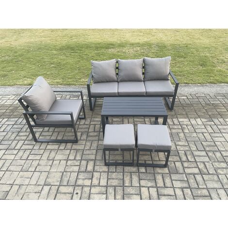 Fimous Aluminium Outdoor Garden Furniture Set Patio Lounge Sofa with Oblong Coffee Table 2 Small Footstools Armchair Dark Grey