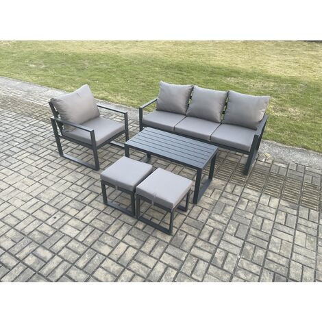 Fimous Aluminium Outdoor Garden Furniture Set Patio Lounge Sofa with Oblong Coffee Table 2 Small Footstools Armchair Dark Grey