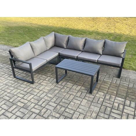 Fimous Aluminium Garden Furniture Set Outdoor Indoor Lounge Corner Sofa Oblong Coffee Table Sets Dark Grey 6 Seater