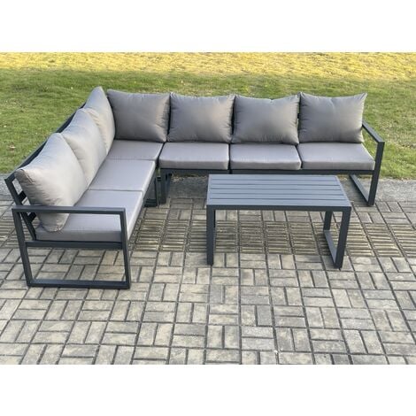 Fimous Aluminium Garden Furniture Set Outdoor Indoor Lounge Corner Sofa Oblong Coffee Table Sets Dark Grey 6 Seater