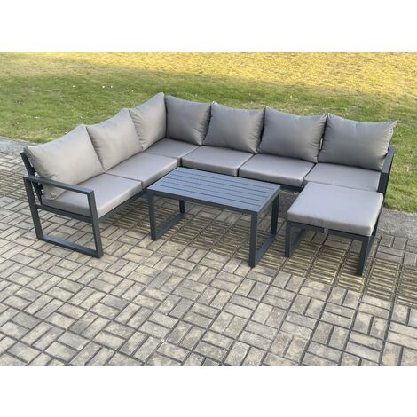 Fimous Aluminium Garden Furniture Set Outdoor Indoor Lounge Corner Sofa Oblong Coffee Table Sets with Big Footstool Dark Grey (1/5)