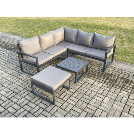 Fimous Outdoor Garden Furniture Set Aluminium Lounge Sofa Square Coffee Table Sets with Big Footstool Indoor Conservatory Set Dark Grey (1/5)