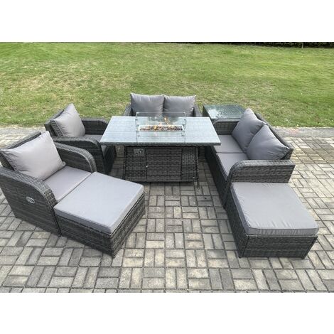Fimous 8 Seater Rattan Garden Furniture Set Outdoor Propane Gas Fire Pit Table and Sofa Chair set with Side Table 2 Big Footstool (1/5)