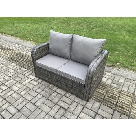 Fimous Outdoor Rattan Garden Furniture 9 piece Grey Patio Furniture Set 8 Seater Lounge Sofa Set with Rectangular Table Reclining Chairs 2 Big Stools 2 Side Tables