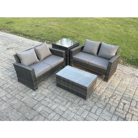 Fimous Wicker Rattan Garden Furniture Sofa Set with Rectangular Coffee Table Double Seat Sofa Side Table Outdoor Rattan Set Dark Grey Mixed