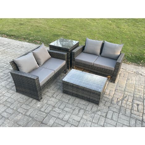 Fimous Wicker Rattan Garden Furniture Sofa Set with Rectangular Coffee Table Double Seat Sofa Side Table Outdoor Rattan Set Dark Grey Mixed