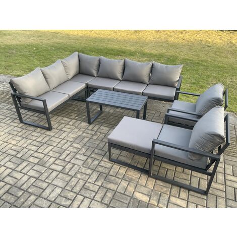 Fimous Aluminium Garden Furniture Set Outdoor Indoor Lounge Corner Sofa 2 Pcs Chair Oblong Coffee Table Sets with Big Footstool Dark Grey (1/5)