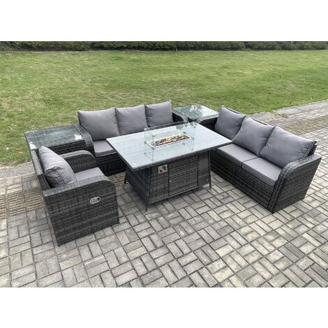 Fimous Rattan Outdoor Furniture Gas Fire Pit Rectangle Dining Table Gas Heater Reclining Chair 3 Seater Sofa Sets with 2 Side Tables 7 Seater (1/5)