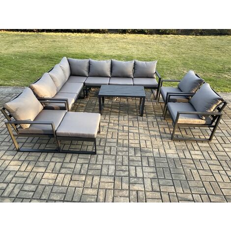 Fimous Aluminium Garden Furniture Set Outdoor Indoor Lounge Corner Sofa 3 Pcs Chair Oblong Coffee Table Sets with Big Footstool Dark Grey (1/5)