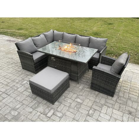 Fimous Rattan Garden Furniture High Back Corner Sofa Gas Fire Pit Dining Table Sets Gas Heater with Armchair Big Footstool 8 Seater Dark Grey Mixed (1/5)