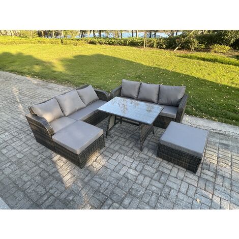 Fimous Garden Furniture Sofa Set Rectangular Dining Table 2 Big Footstool Indoor Outdoor 8 Seater Rattan Set Dark Grey Mixed (1/5)