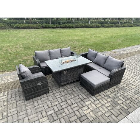 Fimous Rattan Outdoor Furniture Gas Fire Pit Rectangle Dining Table Gas Heater Reclining Chair 3 Seater Sofa Sets with Big Footstool 8 Seater (1/5)
