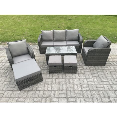 Fimous 8 Seater Rattan Garden Furniture Set with Rectangular Coffee Table 3 Footstools Patio Outdoor Rattan Set (1/5)