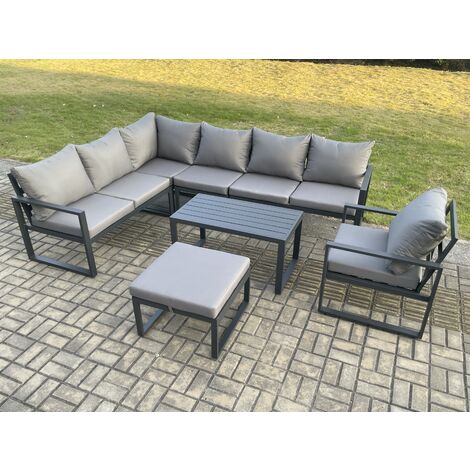 Fimous Aluminium Garden Furniture Set Outdoor Indoor Lounge Corner Sofa Chair Oblong Coffee Table Sets with Big Footstool Dark Grey (1/5)