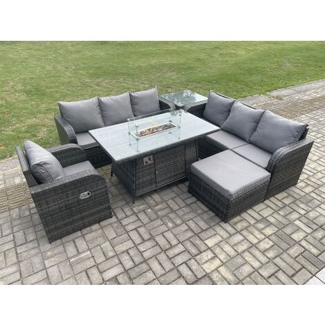 Fimous Rattan Outdoor Furniture Gas Fire Pit Rectangle Dining Table Gas Heater Reclining Chair 3 Seater Sofa Sets with Big Footstool Side Table 8 Seater (1/5)