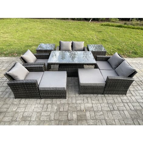 Fimous Outdoor Garden Furniture Sets 9 Pieces Wicker Rattan Furniture Sofa Dining Table Set with 2 Big Footstool 2 Side Tables Dark Grey Mixed