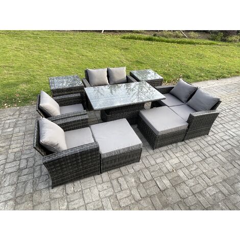Fimous Outdoor Garden Furniture Sets 9 Pieces Wicker Rattan Furniture Sofa Dining Table Set with 2 Big Footstool 2 Side Tables Dark Grey Mixed