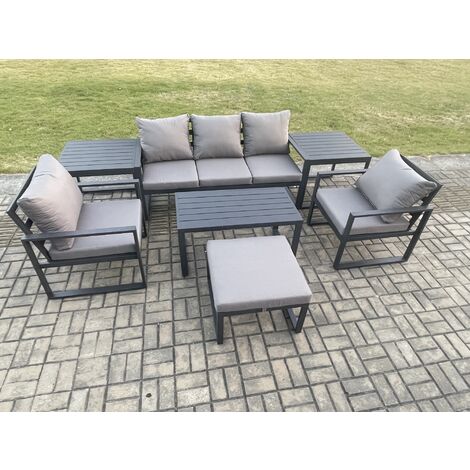 Fimous Aluminium Patio Outdoor Furniture Set 6 Seater Garden Sofa with Oblong Coffee Table Big Footstool 2 Armchairs 2 Side Tables Dark Grey (1/5)