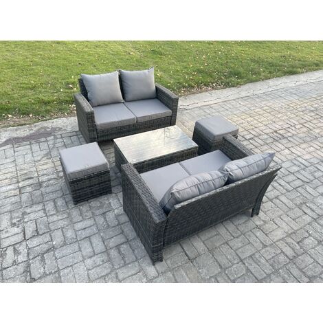 Fimous Wicker Rattan Garden Furniture Sofa Set with Rectangular Coffee Table Double Seat Sofa 2 Small Footstool 6 Seater Outdoor Rattan Set Dark Grey Mixed (1/5)
