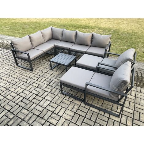 Fimous 10 Seater Outdoor Lounge Corner Sofa Set Aluminum Garden Furniture Sets with Square Coffee Table 2 Chairs 2 Big Footstool Dark Grey