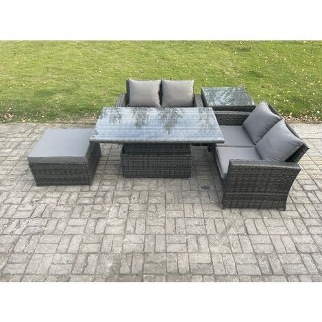 Fimous 5 Pieces Garden Furniture Sets Poly Rattan Outdoor Patio Height Adjustable Rising Lifting Table Sofa Dining Set with Side Table Big Footstool (1/5)